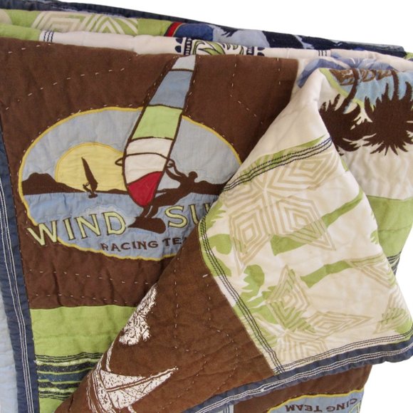 Pottery Barn Aloha Surf Twin Patchwork Quilt & Sham Kayak Blue Hawaii California - Picture 6 of 8